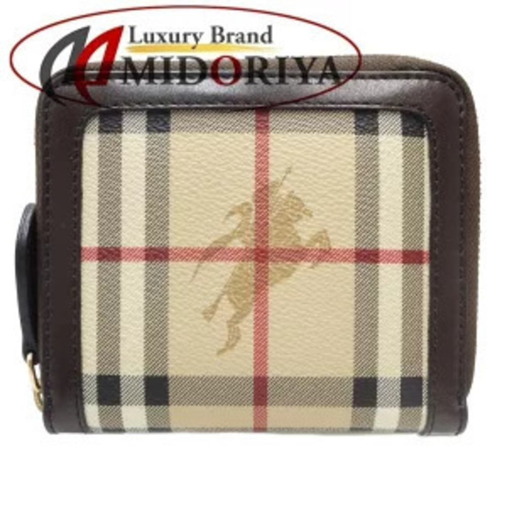 Burberry Prorsum Compact Wallet Round Zipper Leather Nova Check Beige Brown